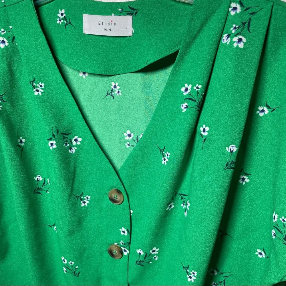 ANTHROPOLOGIE TOP XS GREEN WHITE FLOWERS COTTAGECORE SHORT SLEEVE… - Picture 4 of 5